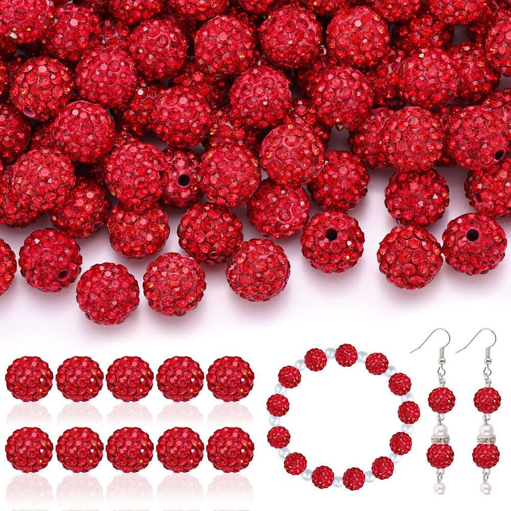 1321 160pcs 10mm Rhinestone Beads for Jewelry Making, Red Shiny Round Disco
